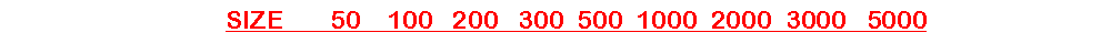 Text Box: &nbsp; &nbsp;&nbsp;&nbsp;&nbsp;&nbsp;&nbsp;SIZE &nbsp;&nbsp;&nbsp;&nbsp;&nbsp;&nbsp;50 &nbsp;&nbsp;&nbsp;100 &nbsp;&nbsp;200 &nbsp;&nbsp;300 &nbsp;500 &nbsp;1000 &nbsp;2000 &nbsp;3000 &nbsp;&nbsp;5000
